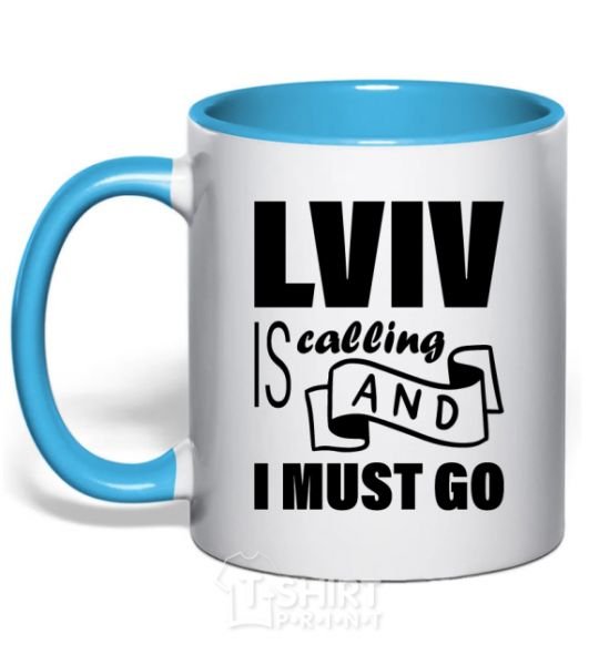 Mug with a colored handle Lviv is calling and i must go sky-blue фото