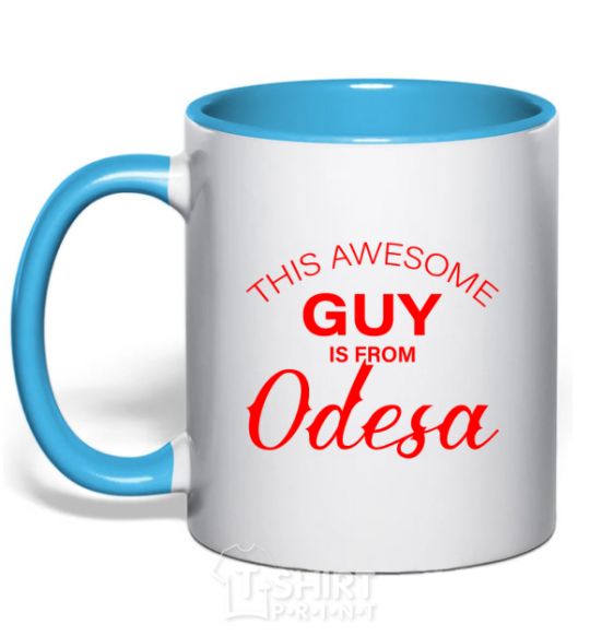 Mug with a colored handle This awesome guy is from Odesa sky-blue фото