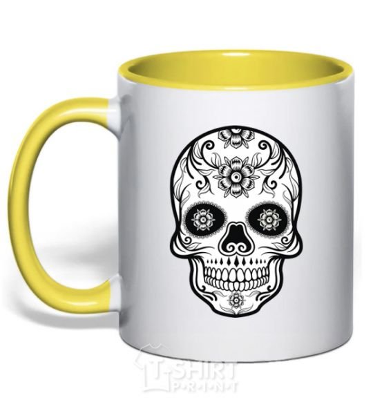 Mug with a colored handle Skull bw yellow фото