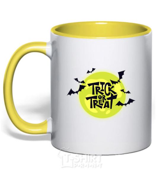 Mug with a colored handle Trick or treat moon yellow фото