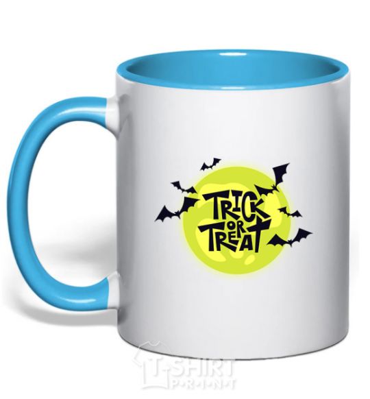 Mug with a colored handle Trick or treat moon sky-blue фото