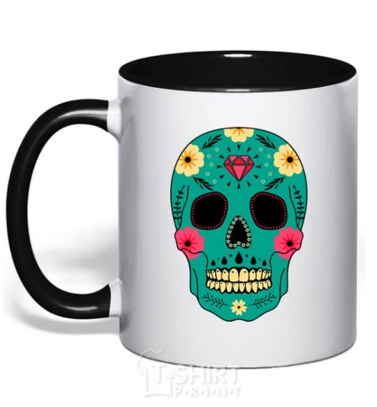 Mug with a colored handle Turquoise skull black фото