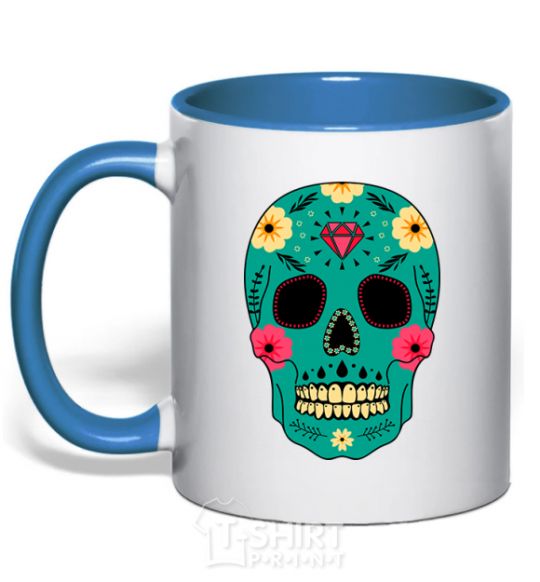 Mug with a colored handle Turquoise skull royal-blue фото