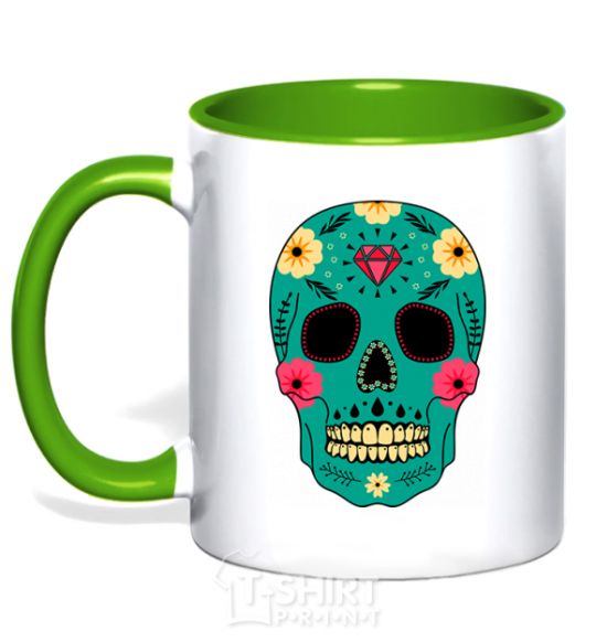 Mug with a colored handle Turquoise skull kelly-green фото