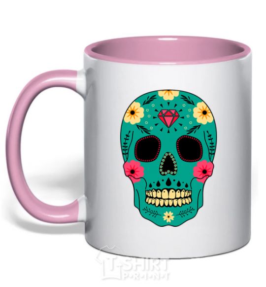 Mug with a colored handle Turquoise skull light-pink фото