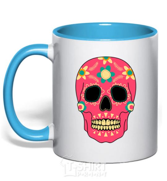 Mug with a colored handle Crimson skull sky-blue фото