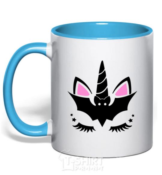 Mug with a colored handle Bat unicorn sky-blue фото