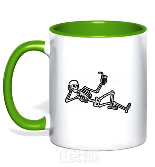 Mug with a colored handle Skeleton chilling kelly-green фото