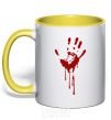Mug with a colored handle Bloody palm yellow фото