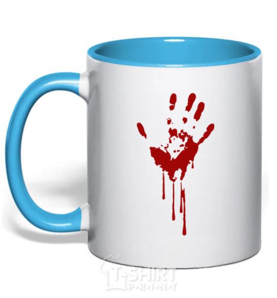 Mug with a colored handle Bloody palm sky-blue фото