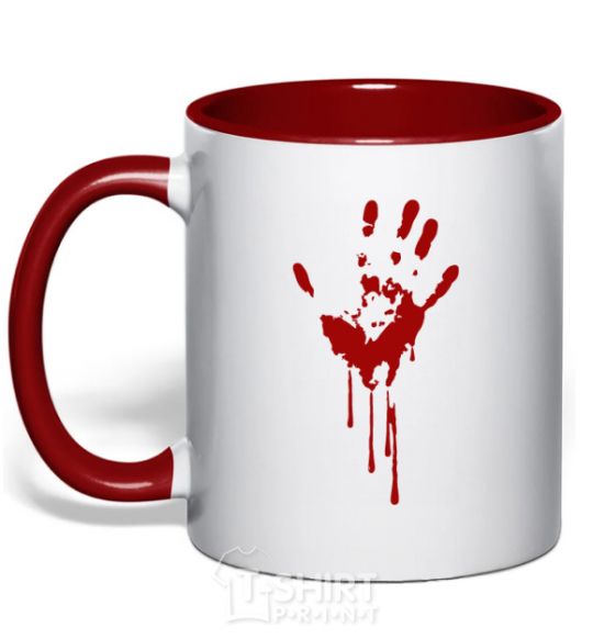 Mug with a colored handle Bloody palm red фото