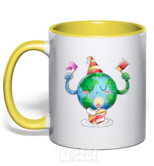 Mug with a colored handle Happy Earth Day yellow фото