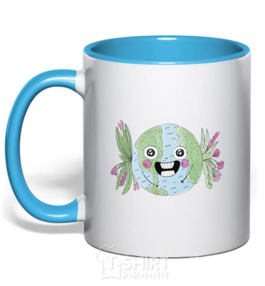 Mug with a colored handle Fun Earth Daу sky-blue фото