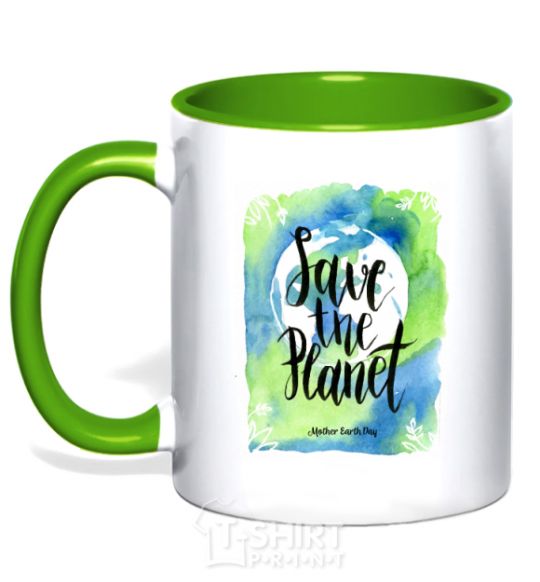 Mug with a colored handle Save the planet Mother Earth day kelly-green фото