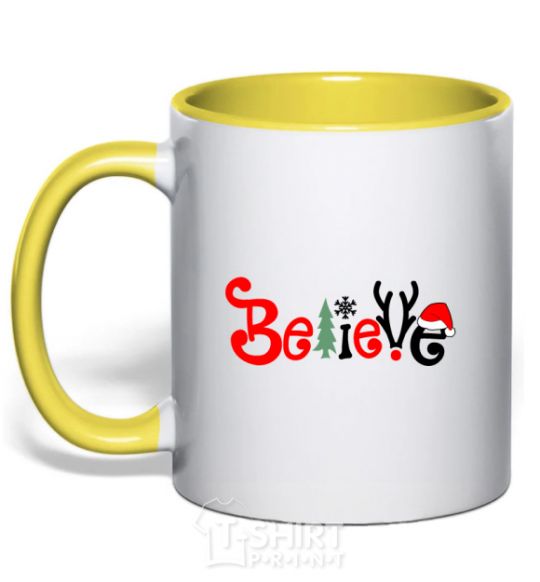 Mug with a colored handle Believe yellow фото