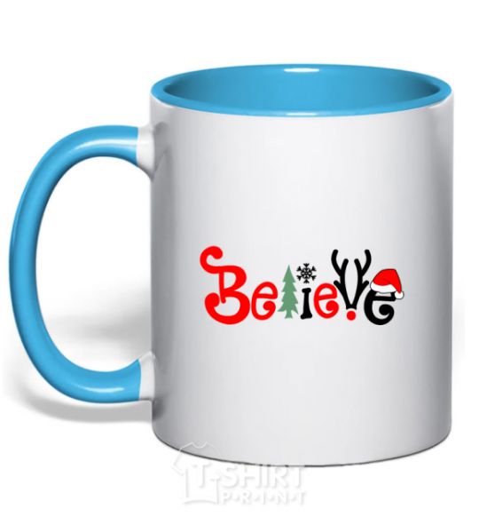 Mug with a colored handle Believe sky-blue фото