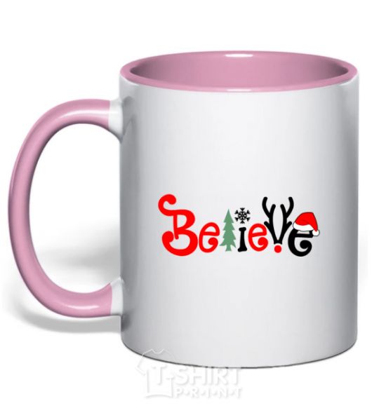 Mug with a colored handle Believe light-pink фото