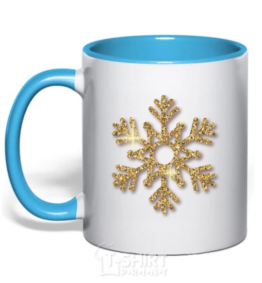 Mug with a colored handle A golden snowflake sky-blue фото