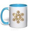 Mug with a colored handle A golden snowflake sky-blue фото