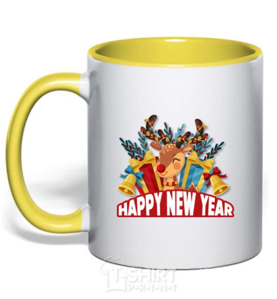 Mug with a colored handle Happy new year little deer yellow фото