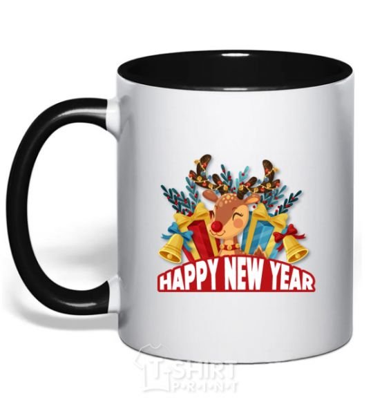 Mug with a colored handle Happy new year little deer black фото