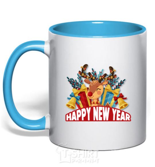 Mug with a colored handle Happy new year little deer sky-blue фото