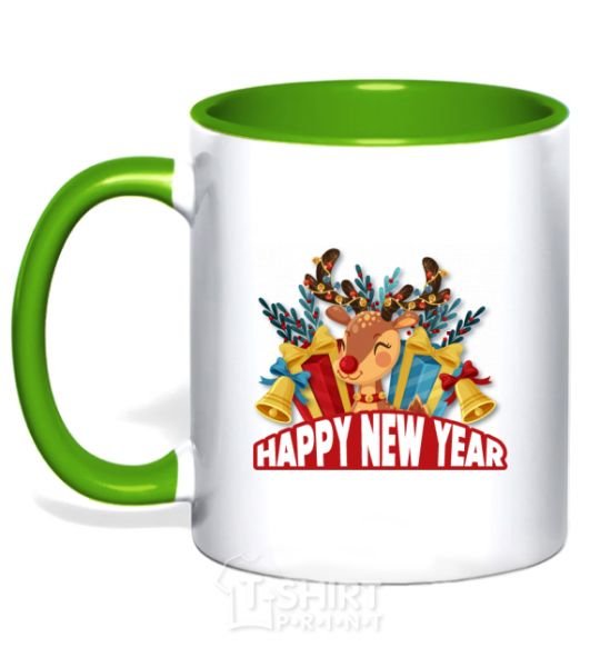 Mug with a colored handle Happy new year little deer kelly-green фото