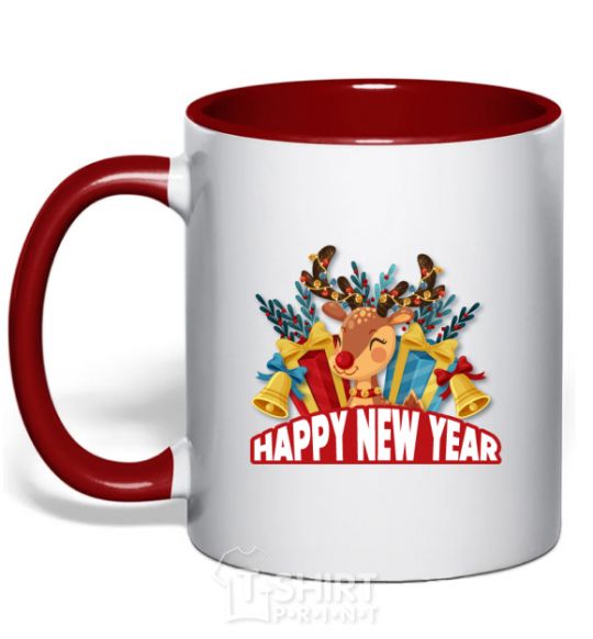 Mug with a colored handle Happy new year little deer red фото