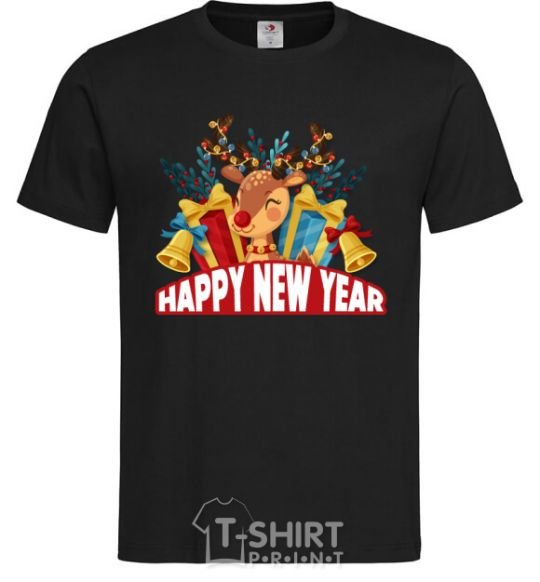Men's T-Shirt Happy new year little deer black фото