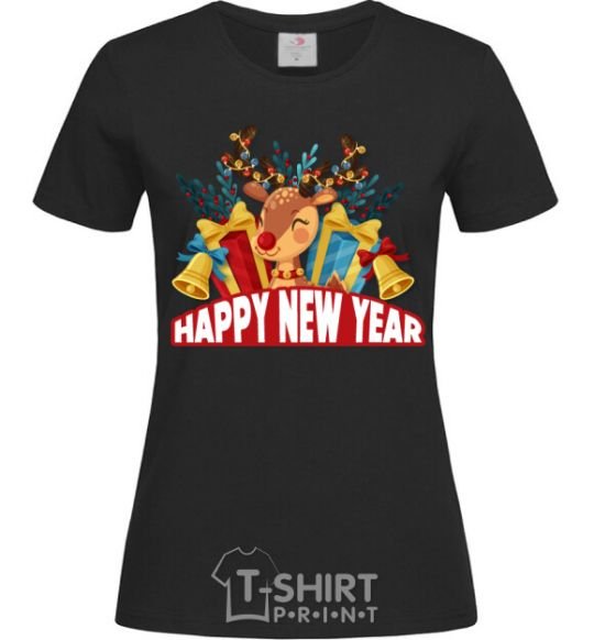 Женская футболка Happy new year little deer Черный фото