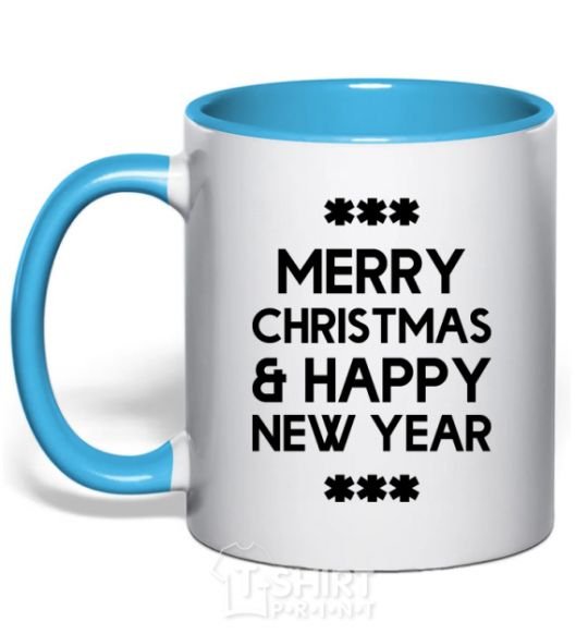 Mug with a colored handle Merry Сhristmas and HNY sky-blue фото