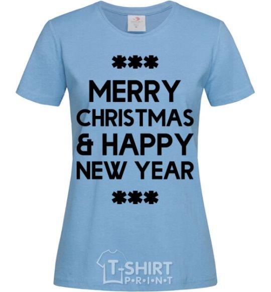 Women's T-shirt Merry Сhristmas and HNY sky-blue фото