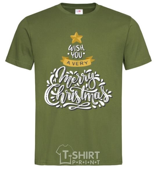 Мужская футболка Wish you a very merry Christmas tree Оливковый фото