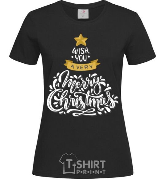 Женская футболка Wish you a very merry Christmas tree Черный фото