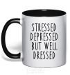 Чашка с цветной ручкой Stressed depressed but well dressed Черный фото