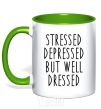 Чашка с цветной ручкой Stressed depressed but well dressed Зеленый фото