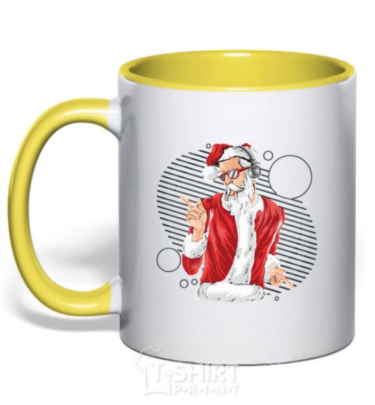 Mug with a colored handle DJ Santa yellow фото