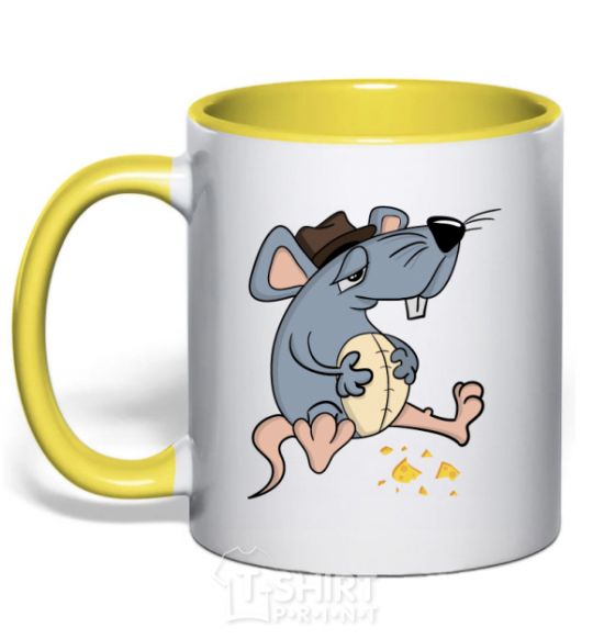 Mug with a colored handle Mr. Mouse ate cheese yellow фото