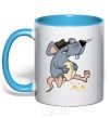 Mug with a colored handle Mr. Mouse ate cheese sky-blue фото