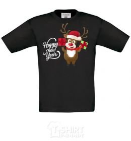 Kids T-shirt Happe New Year deer in red hat black фото