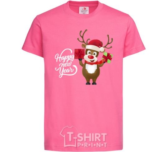 Kids T-shirt Happe New Year deer in red hat heliconia фото