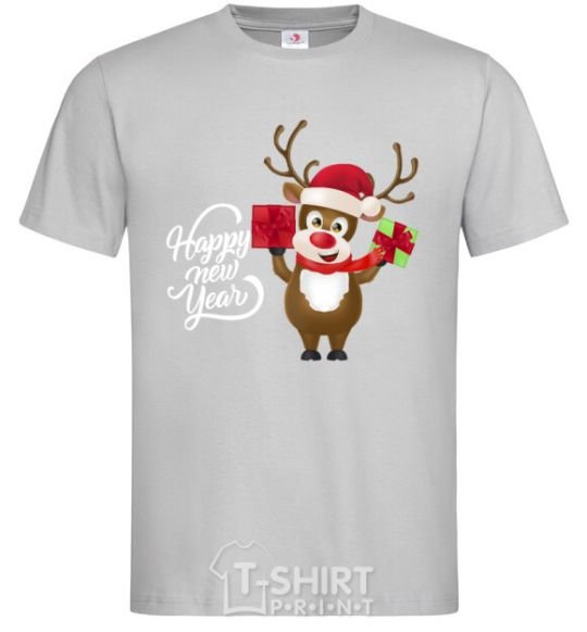 Мужская футболка Happe New Year deer in red hat Серый фото