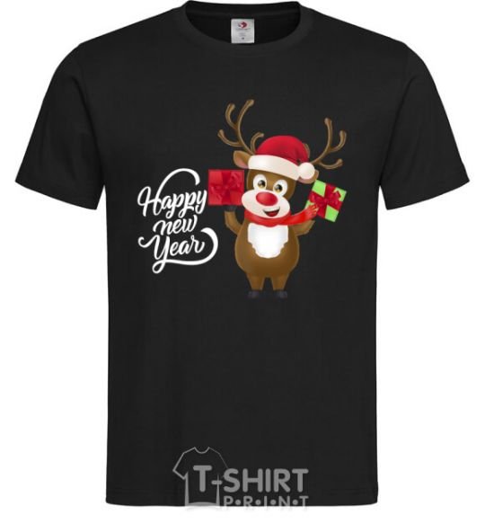 Мужская футболка Happe New Year deer in red hat Черный фото