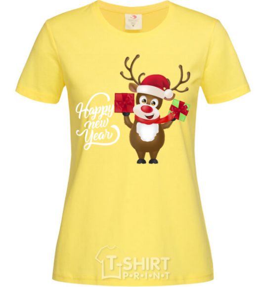 Женская футболка Happe New Year deer in red hat Лимонный фото