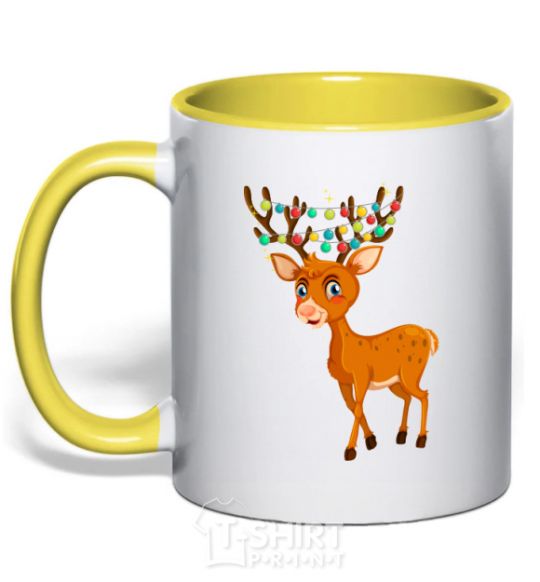 Mug with a colored handle Reindeer with garland yellow фото