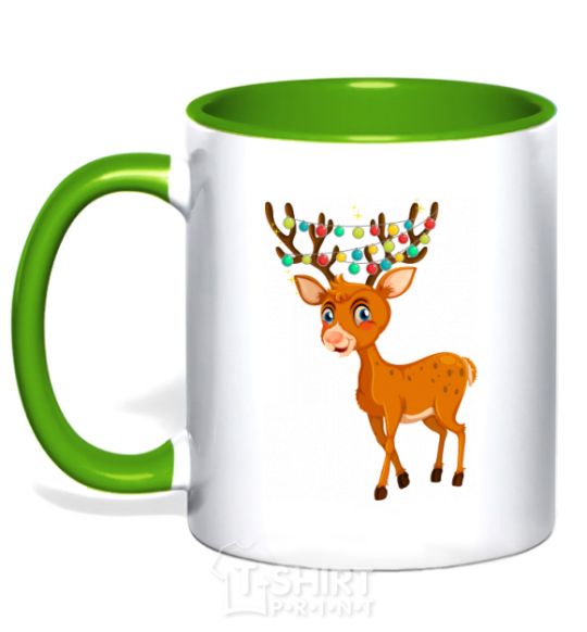 Mug with a colored handle Reindeer with garland kelly-green фото