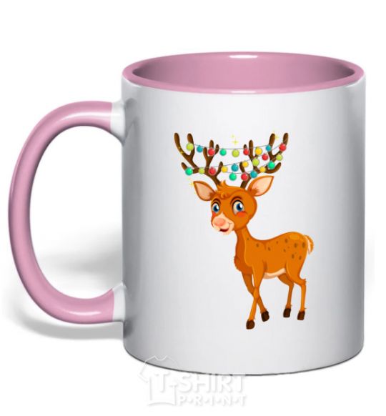 Mug with a colored handle Reindeer with garland light-pink фото