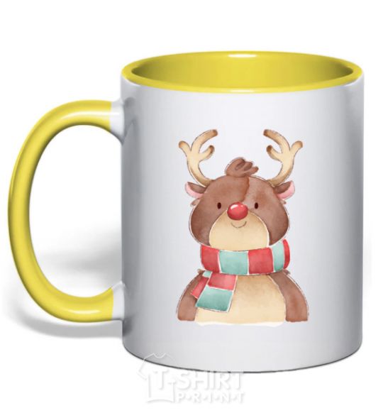 Mug with a colored handle A reindeer in a scarf yellow фото