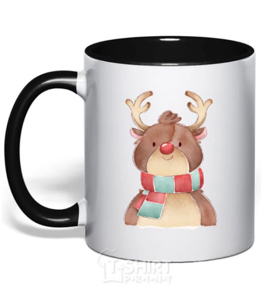 Mug with a colored handle A reindeer in a scarf black фото