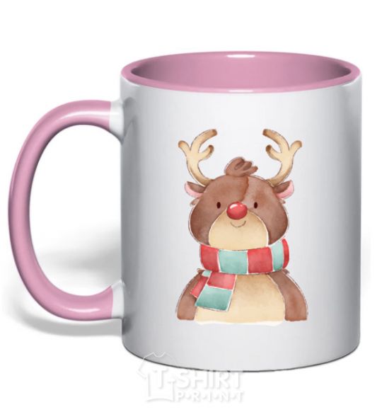 Mug with a colored handle A reindeer in a scarf light-pink фото